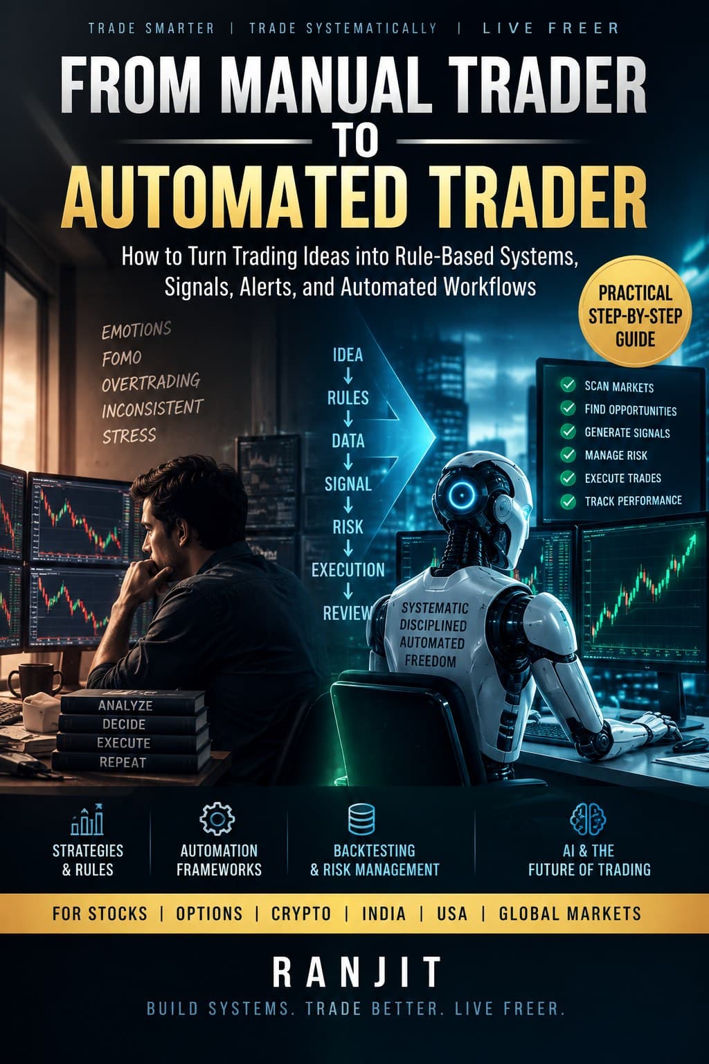 From Manual Trader to Automated Trader book cover — no-code algorithmic trading book by Ranjit Prasad