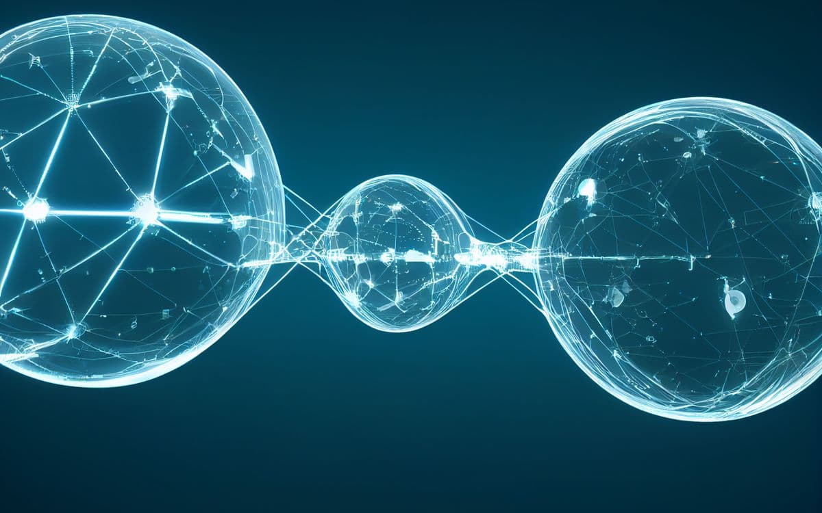 Glowing spheres connected by light, representing connected business systems